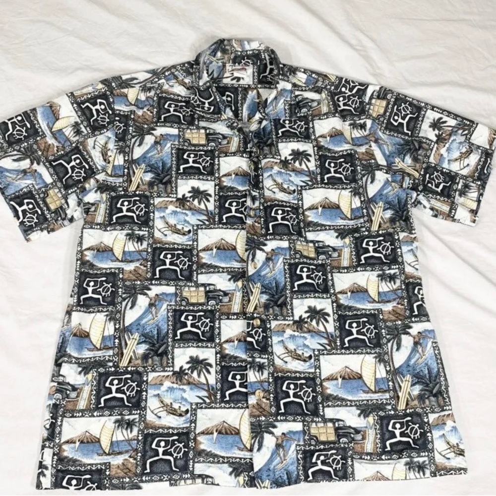 VTG Evergreen Island Mens Hawaiian Tiki Short Sleeve Button Up Shirt Size L